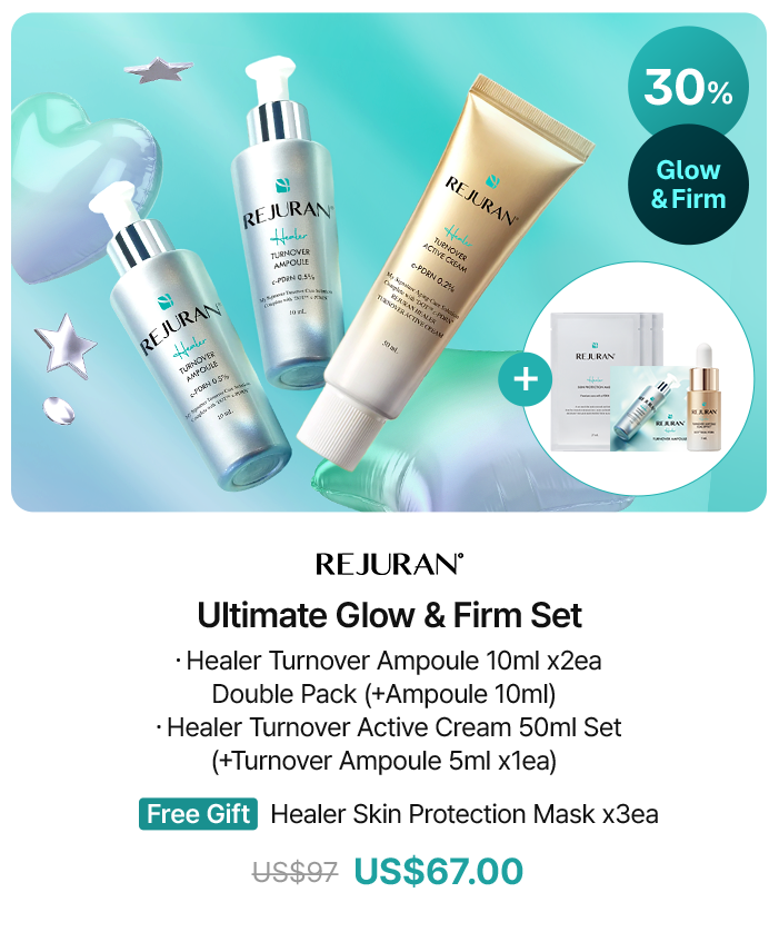 REJURAN Ultimate Glow & Firm Set · Healer Turnover Ampoule 10ml x2ea Double Pack (+Ampoule 10ml) · Healer Turnover Active Cream 50ml Set (+Turnover Amoule 5ml x1ea) Free Gift Healer Skin Protection Mask x3ea US$97 US$67.00 (30% Glow & Firm)