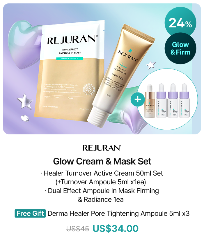 REJURAN Glow Cream & Mask Set · Healer Turnover Active Cream 50ml Set (+Turnover Amoule 5ml x1ea) · Dual Effect Ampoule In Mask Firming & Radiance 1ea Free Gift Derma Healer Pore Tightening Ampoule 5ml x3 US$45 US$34.00 (24% Glow & Firm)