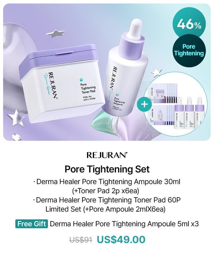 REJURAN Pore Tightening Set · Derma Healer Pore Tightening Ampoule 30ml (+Toner Pad 2p x6ea) · Derma Healer Pore Tightening Toner Pad 60P Limited Set (+Pore Ampoule 2mlX6ea) Free Gift Derma Healer Pore Tightening Ampoule 5ml x3 US$91 US$49.00 (46% Pore Tightening)
