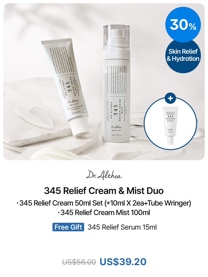 30% Skin Relief & Hydration Dr. Althea 345 Relief Cream & Mist Duo · 345 Relief Cream 50ml Set (+10ml X 2ea+Tube Wringer) · 345 Relief Cream Mist 100ml Free Gift 345 Relief Serum 15ml US$56.00 US$39.20