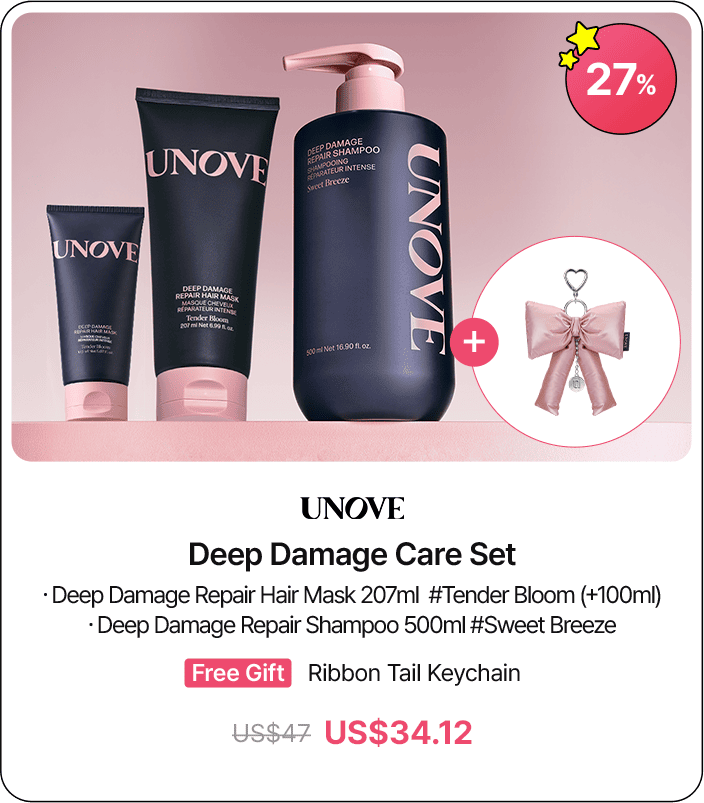 UNOVE Deep Damage Care Set · Deep Damage Repair Hair Mask 207ml #Tender Bloom (+100ml) · Deep Damage Repair Shampoo 500ml #Sweet Breeze Free Gift Ribbon Tail Keychain US$47 US$34.12