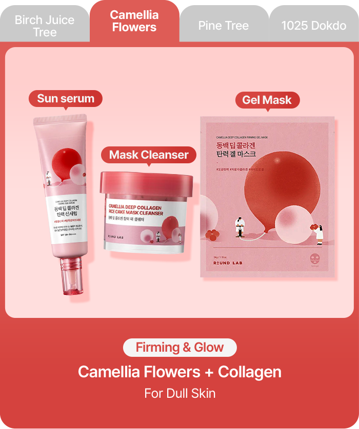 Firming & Glow Camellia Flowers + Collagen For Dull Skin (Sun serum, Mask Cleanser, Gel Mask)