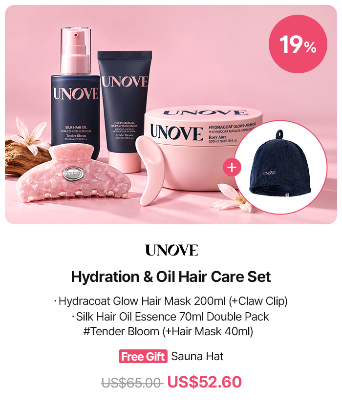 19% / UNOVE / Hydration & Oil Hair Care Set / ·Hydracoat Glow Hair Mask 200ml (+Claw Clip) / ·Silk Hair Oil Essence 70ml Double Pack #Tender Bloom (+Hair Mask 40ml) / Free Gift Sauna Hat / US$65.00 / US$52.60