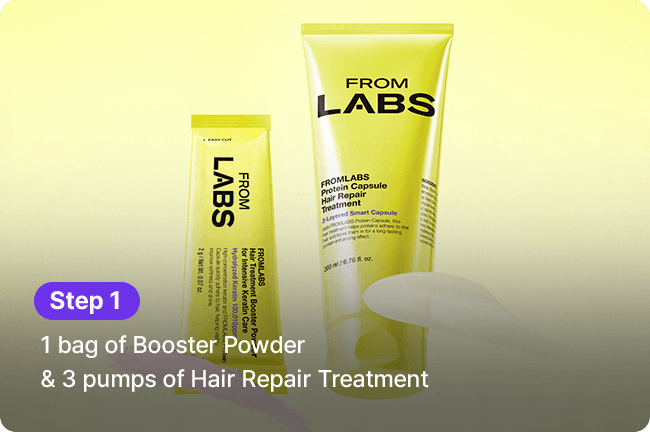 Step 1 / 1 bag of Booster Powder & 3 pumps of Hair Repair Treatment