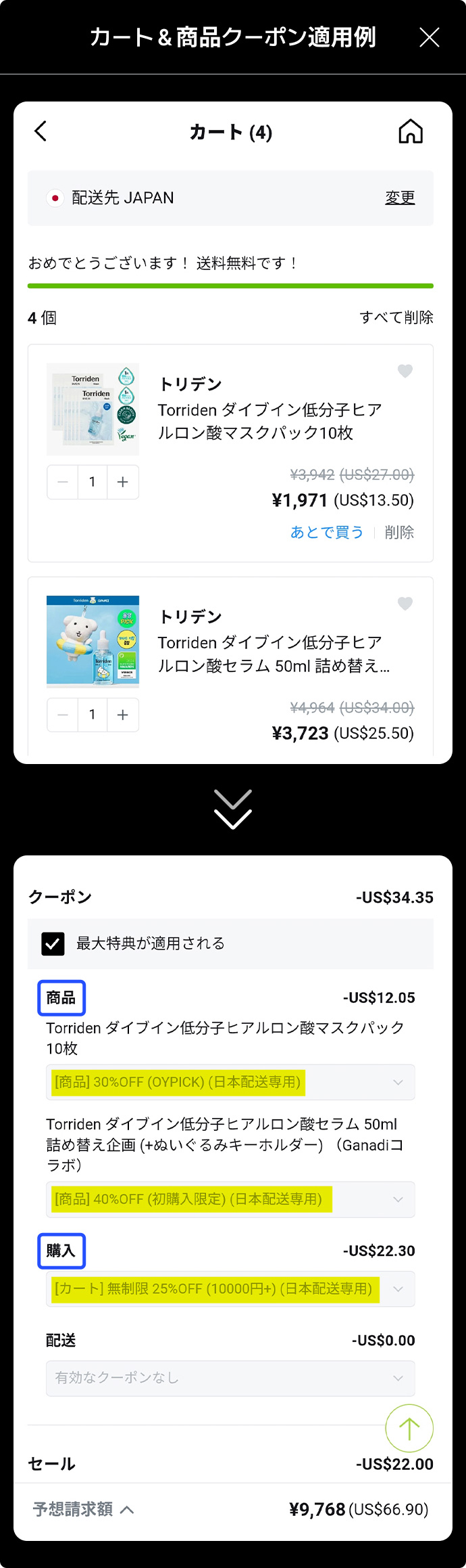 カート＆商品クーポン適用例 カートに入った商品に商品クーポンを適用後、注文合計金額が10000円以上の場合はカートクーポン25%OFFがさらに適用されます。