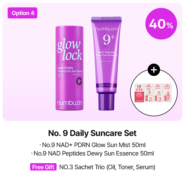 Option 4 40% No. 9 Daily Suncare Set ・No.9 NAD+ PDRN Glow Sun Mist 50ml ・No.9 NAD Peptides Dewy Sun Essence 50ml Free Gift NO.3 Sachet Trio (Oil, Toner, Serum)
