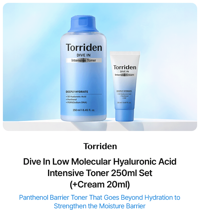 Torriden Dive In Low Molecular Hyaluronic Acid Intensive Toner 250ml Set (+Cream 20ml) Panthenol Barrier Toner That Goes Beyond Hydration to Strengthen the Moisture Barrier