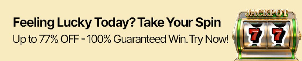 Jackpot spin event banner: Up to 77% OFF, 100% Guaranteed Win.