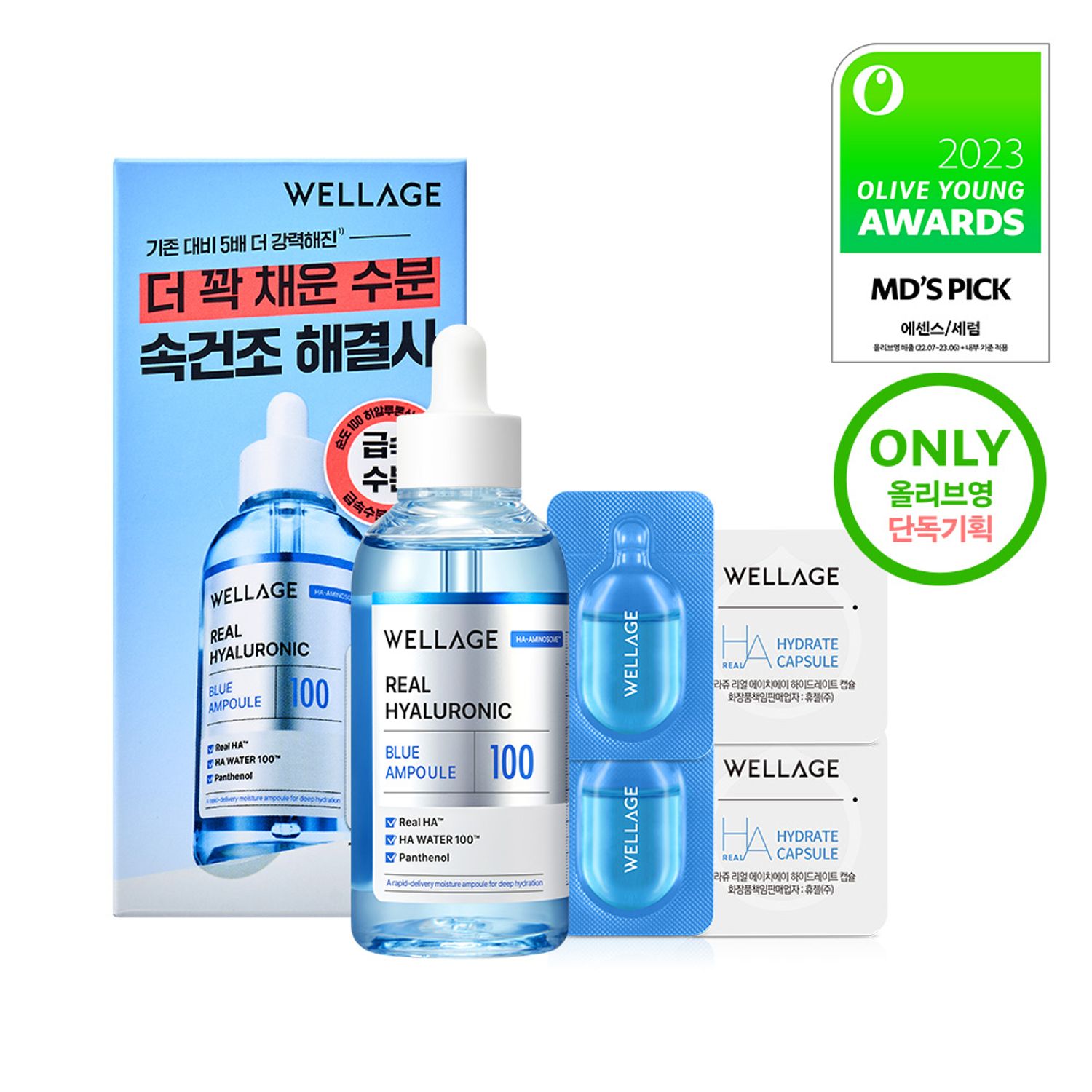 WELLAGE Real Hyaluronic Blue 100 Ampoule 100ml Set (+One Day Kit 