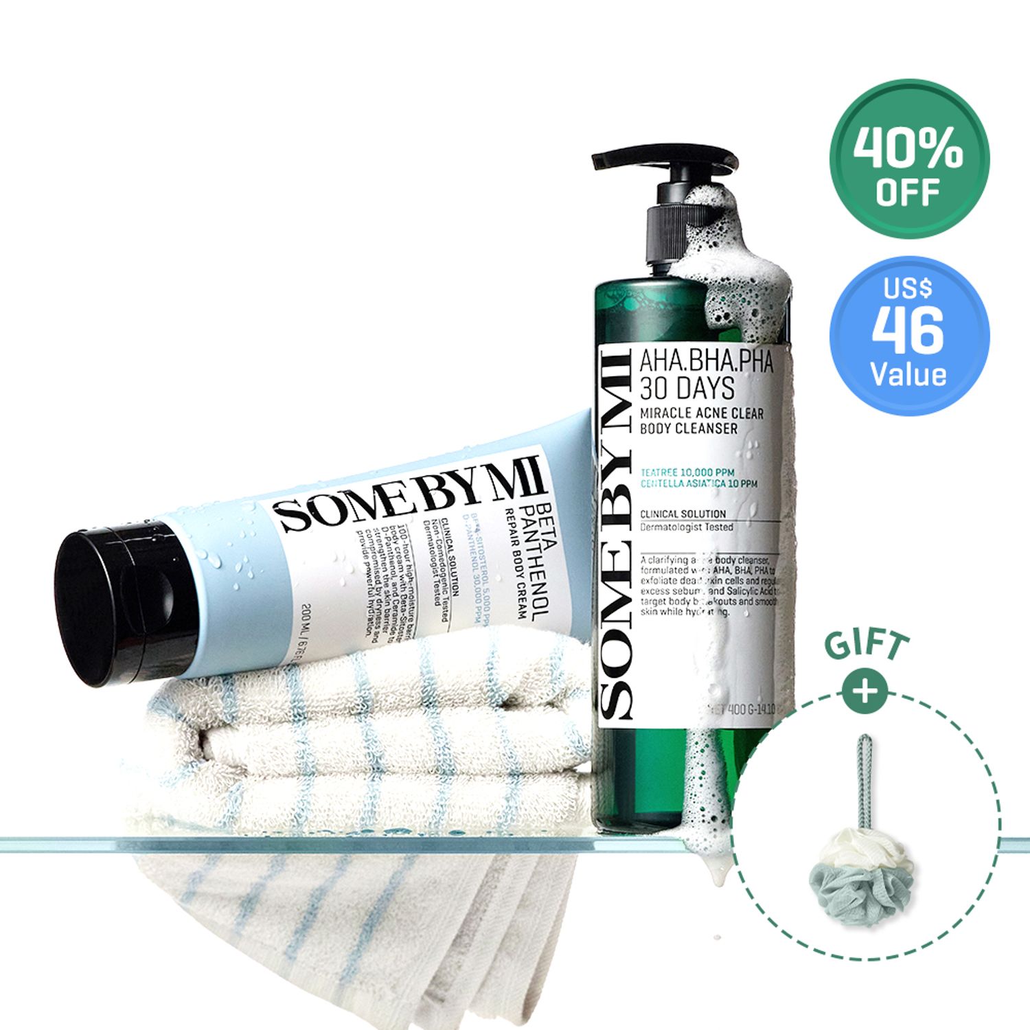 SOME BY MI Clear & Soothe Shower Set (Acne Body Cleanser 400g +  Beta Panthenol Repair Body Cream 200ml + shower pouf) | OLIVE YOUNG Global