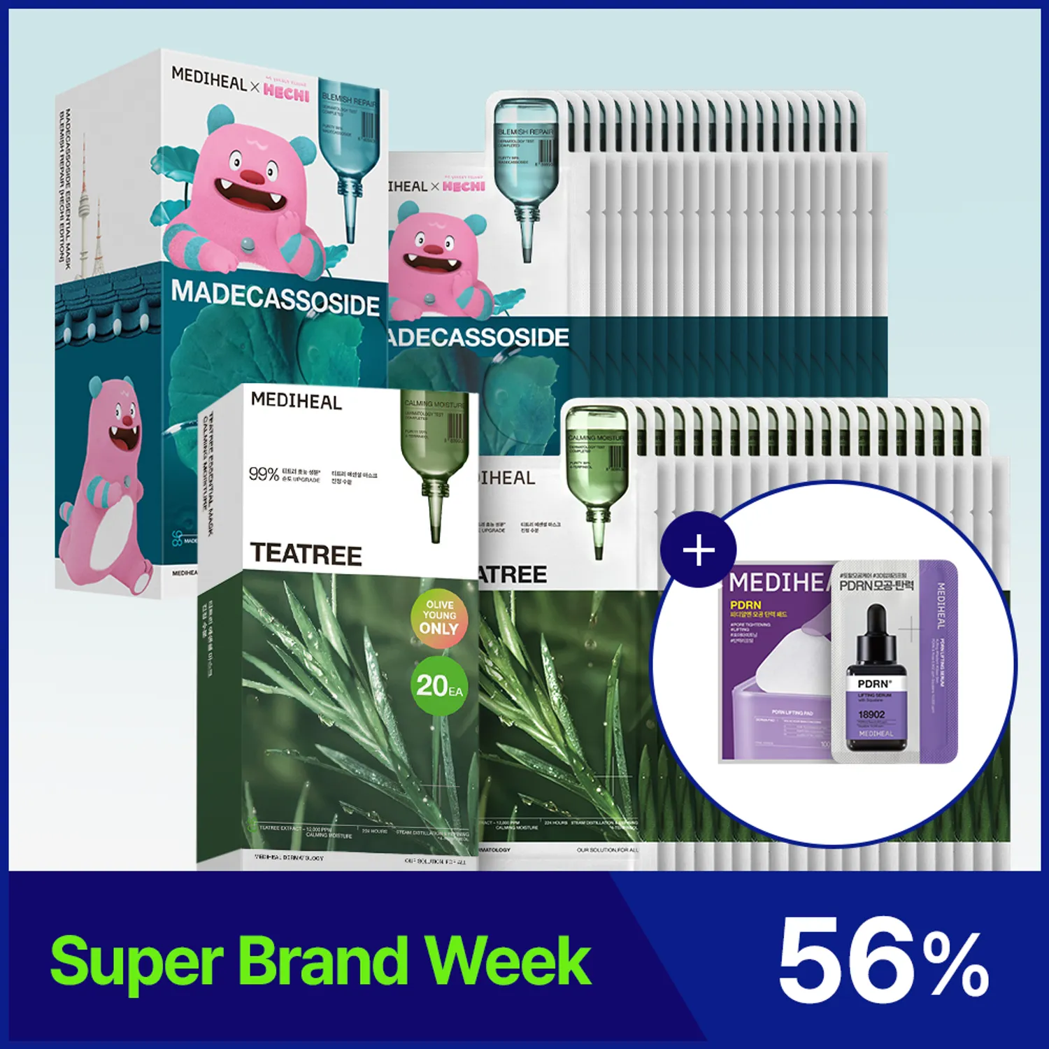 MEDIHEAL 에센셜 마스크 세트 (메데카소사이드 HECHI + 티트리)