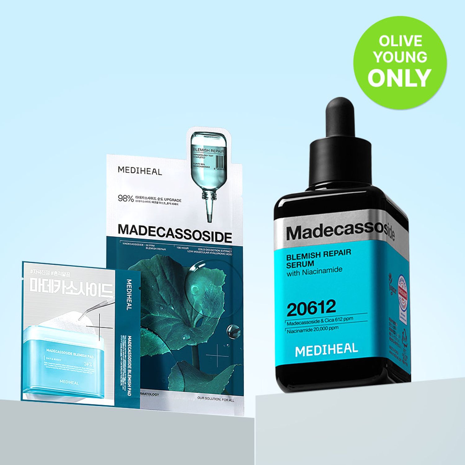 MEDIHEAL Madecassoside Blemish Repair Serum 100ml Set (+2 Toner Pads, 1 Face Mask) | OLIVE YOUNG Global