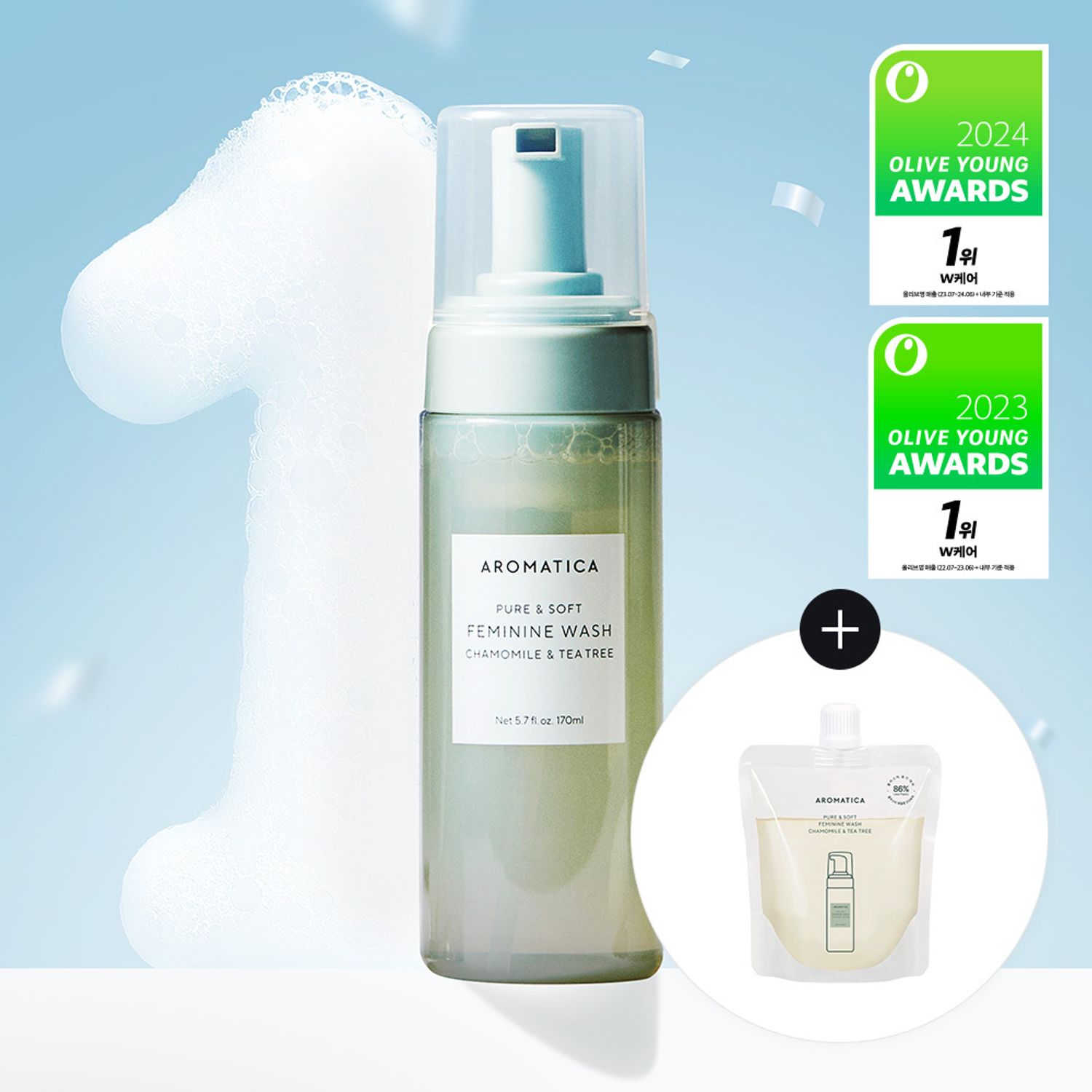 AROMATICA Pure & Soft Feminine Wash Chamomile & Tea Tree 170ml Set (+Refill 100ml) | OLIVE YOUNG Global