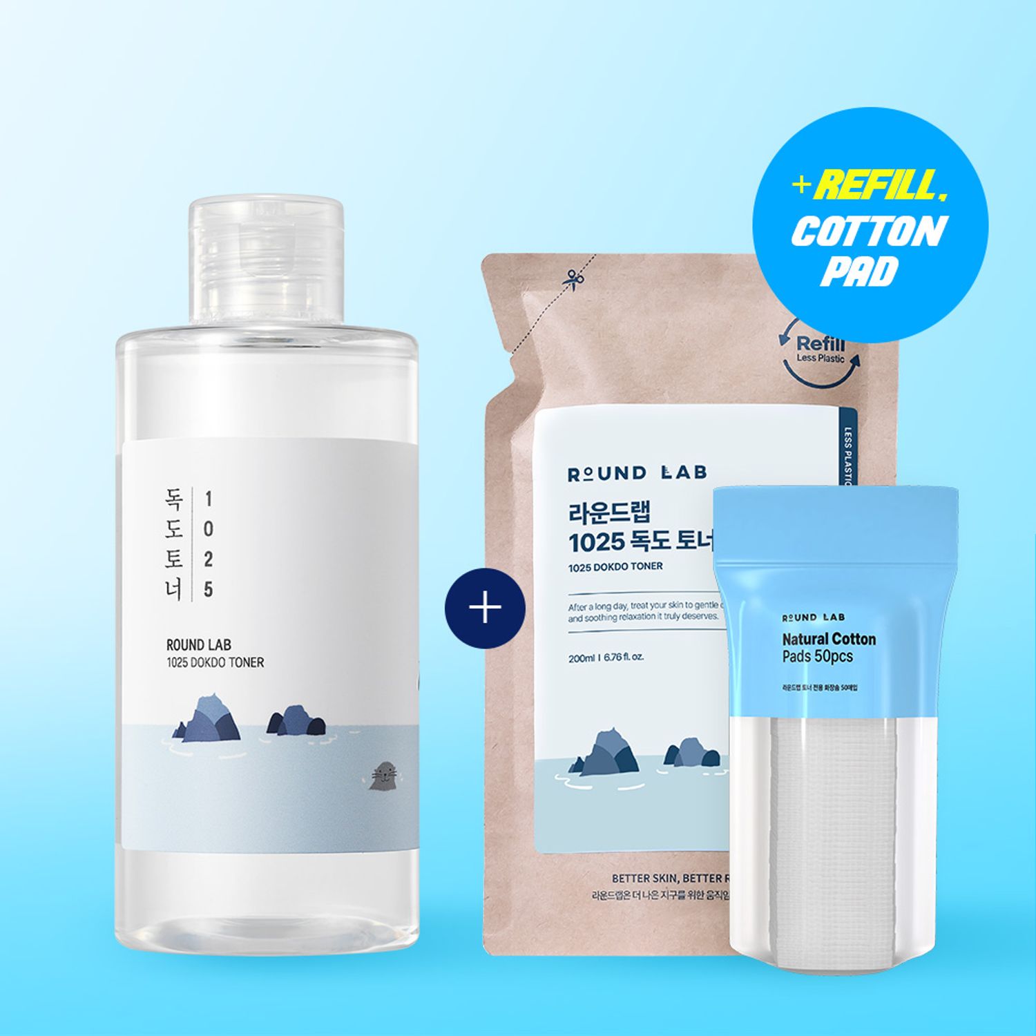 [+Refill/Cotton pad] ROUND LAB 1025 Dokdo Toner 200ml Refill Set | OLIVE YOUNG Global