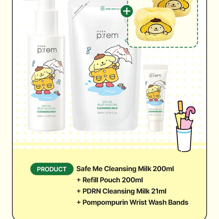 [Sanrio EDITION] makeprem Safe Me Relief Moisture Cleansing Milk 200ml (+Refill 200ml+mini 21ml+POMPOMPURIN Wristband for Face Was