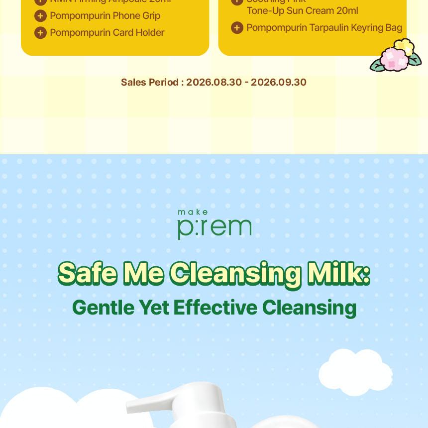 [Sanrio EDITION] makeprem Safe Me Relief Moisture Cleansing Milk 200ml (+Refill 200ml+mini 21ml+POMPOMPURIN Wristband for Face Was