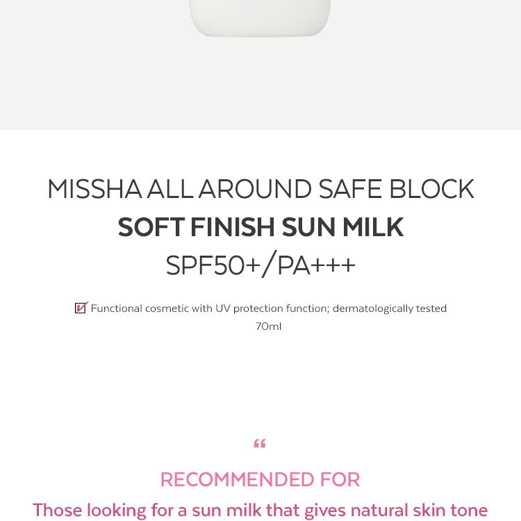 MISSHA All Around Safe Block Soft Finish Sun Milk 70mL SPF50